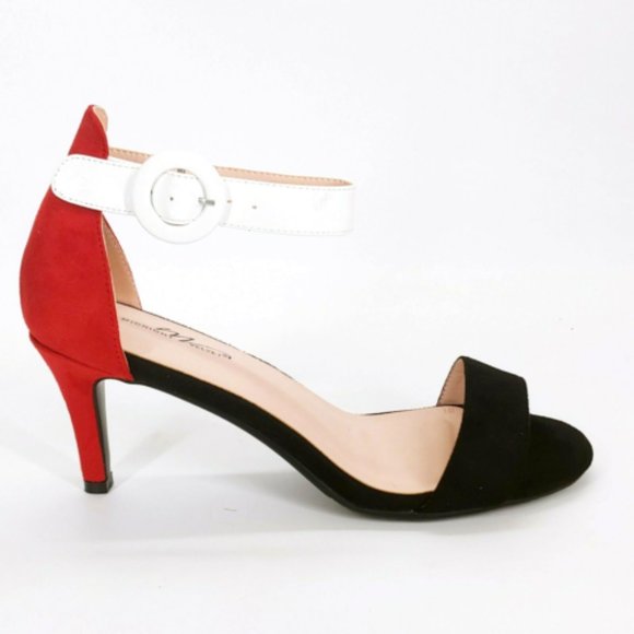 Midnight Velvet Womens Tri Colored Sandals Pumps Buckle Black Red White 10M New - Picture 1 of 11